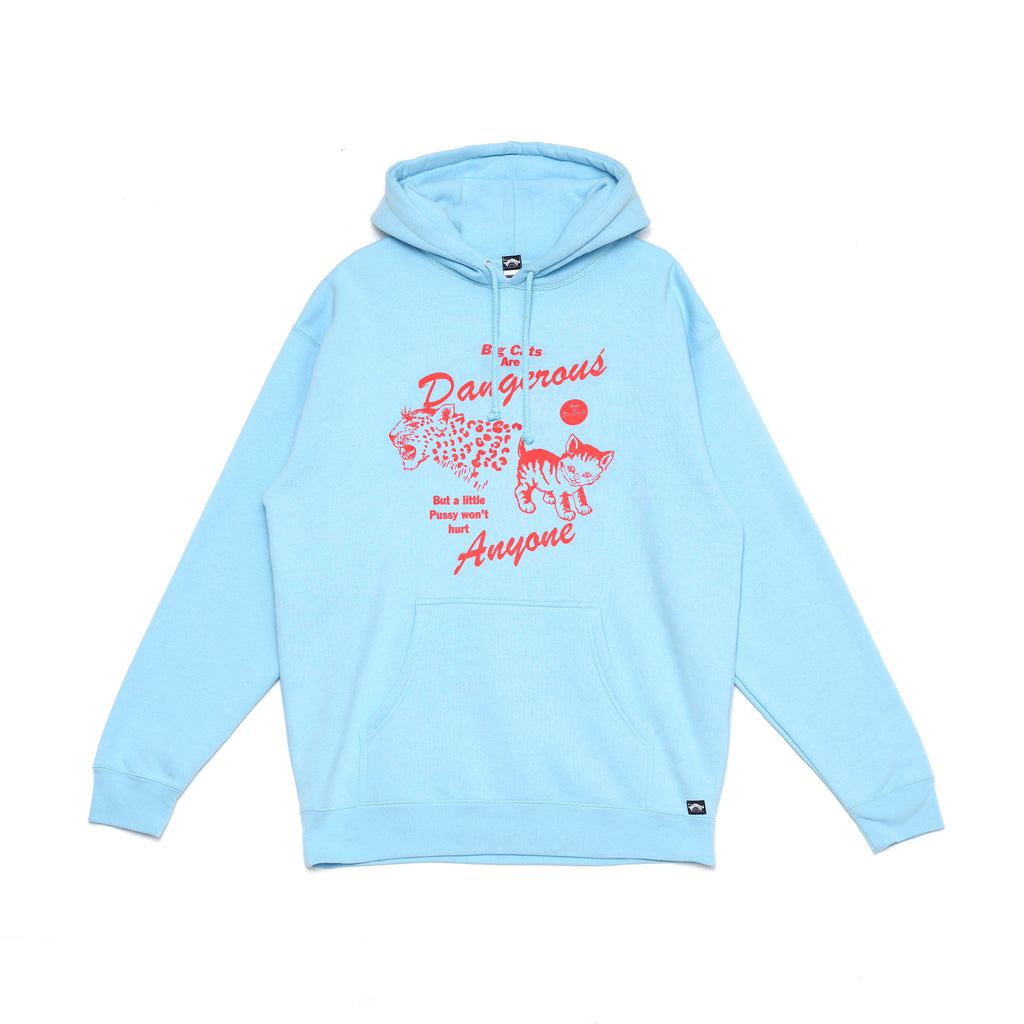 Front view of Made in Paradise Homegrown Collection "BIG CATS" light blue hoodie