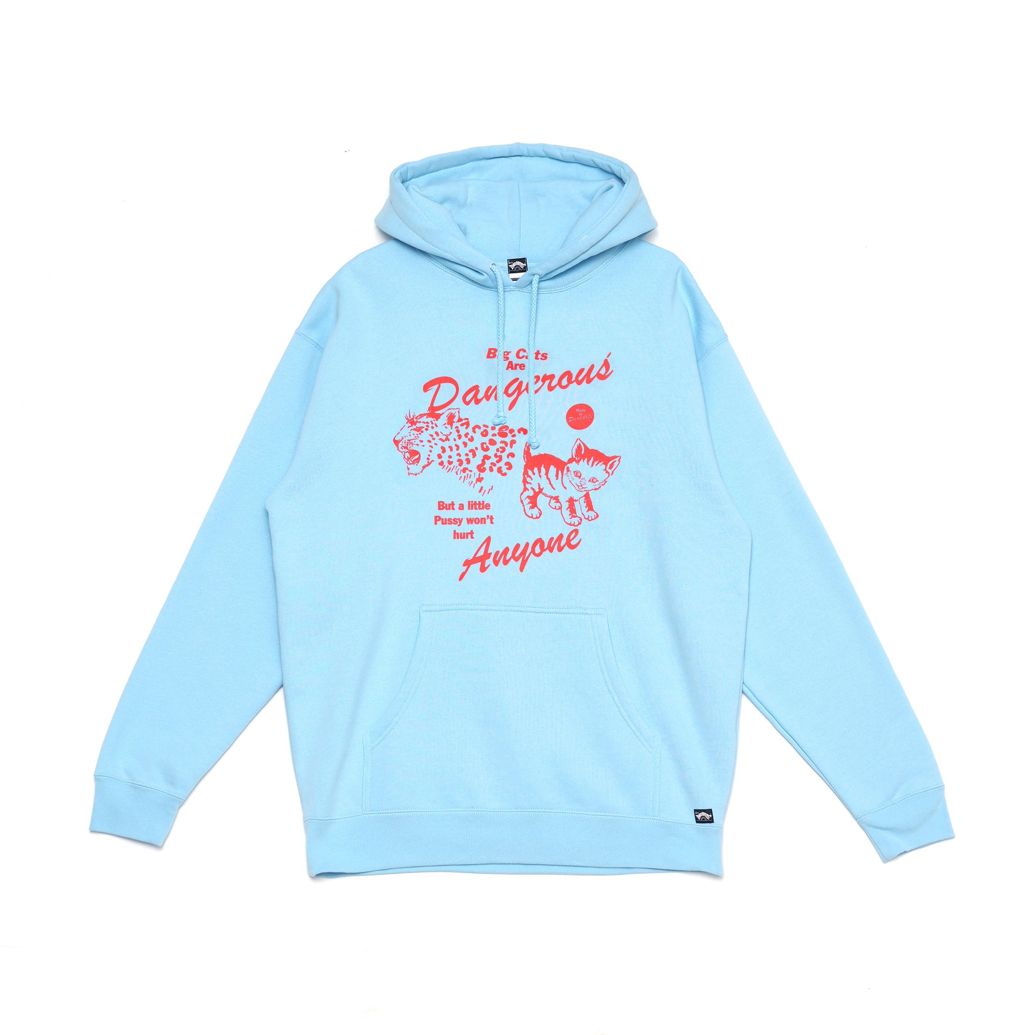 Front view of Made in Paradise Homegrown Collection "BIG CATS" light blue hoodie