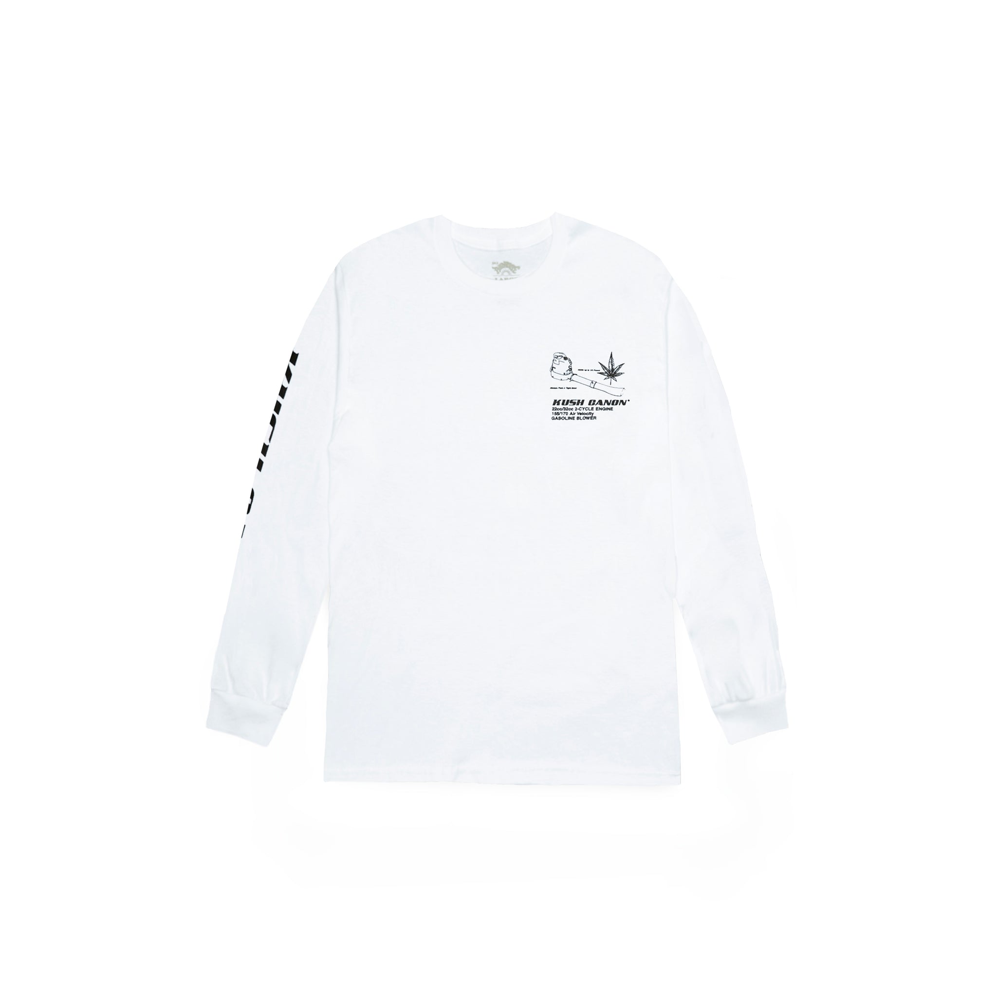 Front view of Made in Paradise World Drug Trade Collection "KUSH CANON" white long sleeve t-shirt