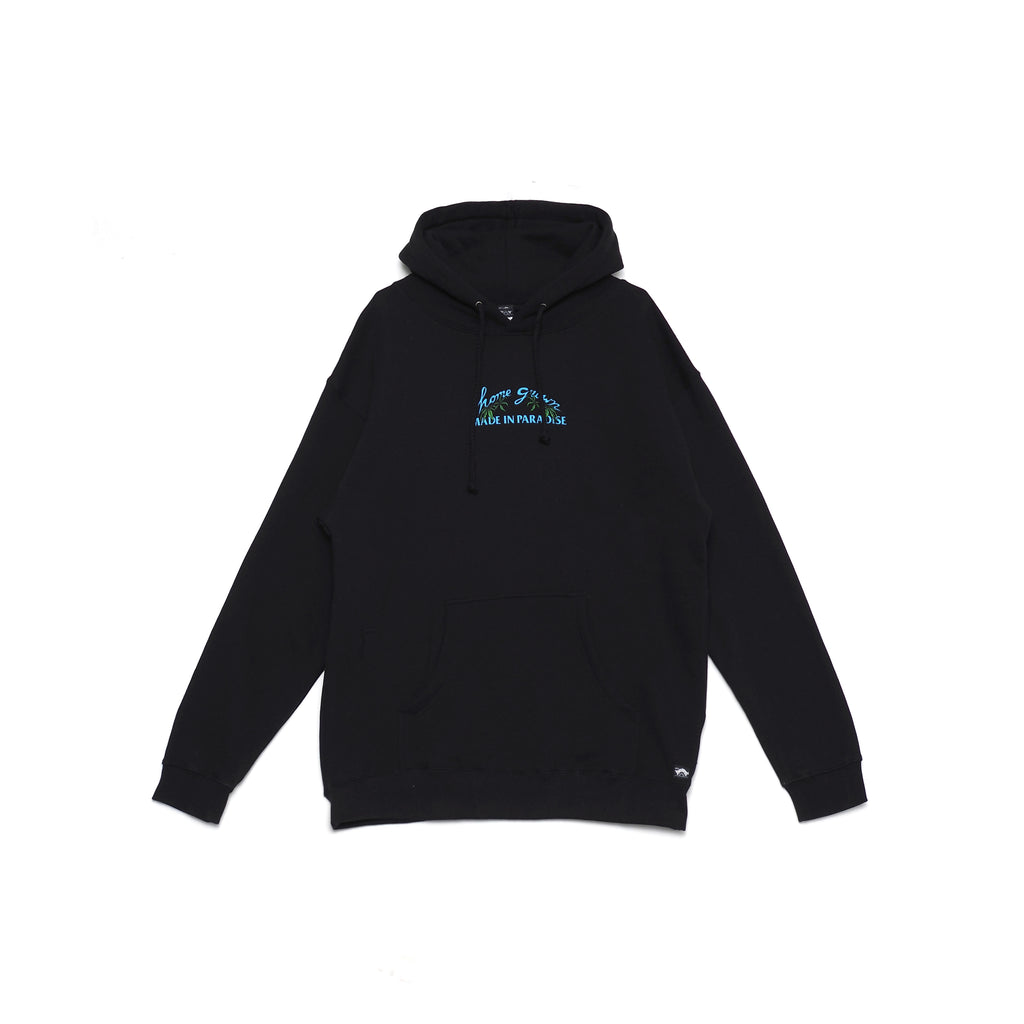 Front view of Made in Paradise Homegrown Collection "HOME GROWN" black hoodie
