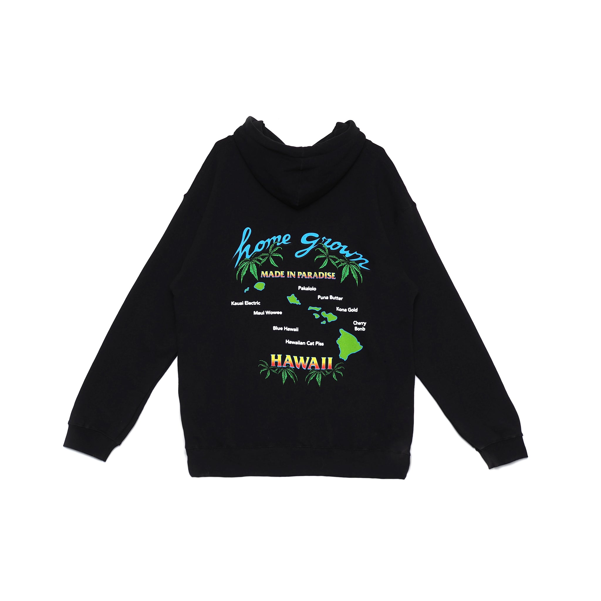 Back view of Made in Paradise Homegrown Collection "HOME GROWN" black hoodie