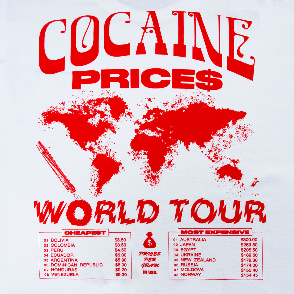 Close-up view of back graphic print of Made in Paradise World Drug Trade "COCAINE PRICES" white short sleeve t-shirt