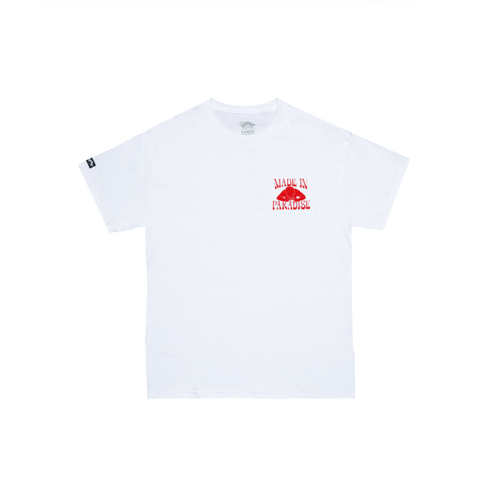 Front view of Made in Paradise World Drug Trade Collection "COCAINE PRICES"white short sleeve t-shirt