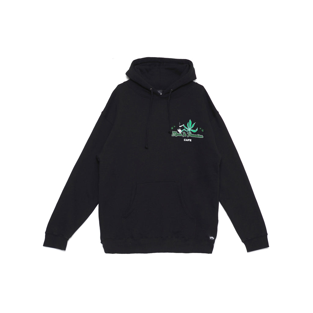 Front view of Made in Paradise Homegrown Collection "WEED CAFE" black hoodie
