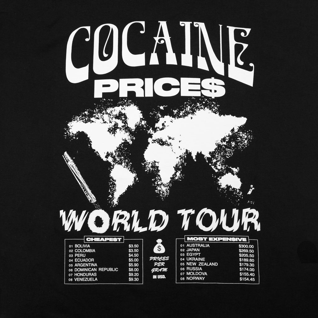 Close-up view of graphic print of Made in Paradise World Drug Trade "COCAINE PRICES" black hoodie