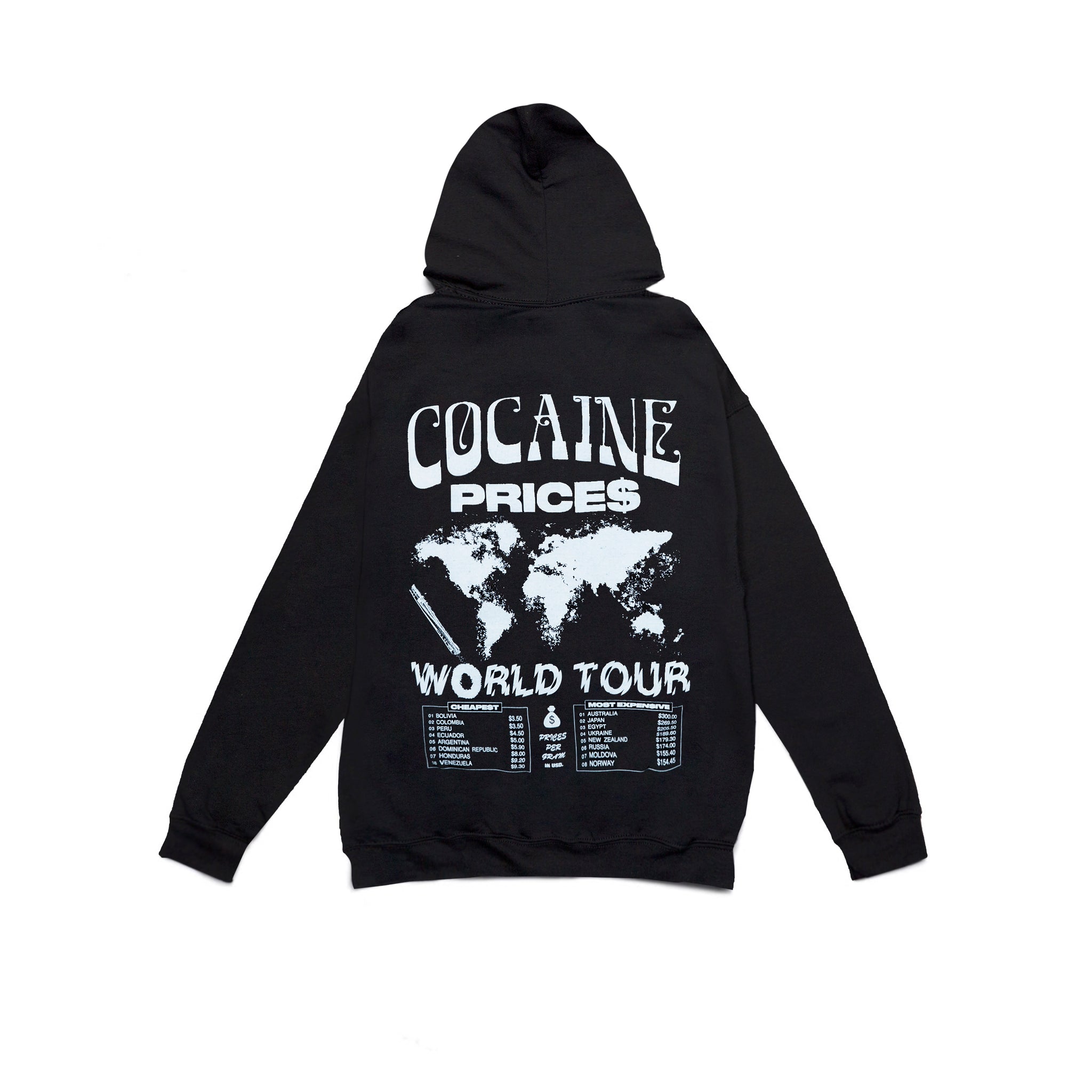 Back view of Made in Paradise World Drug Trade Collection "COCAINE PRICES" black hoodie