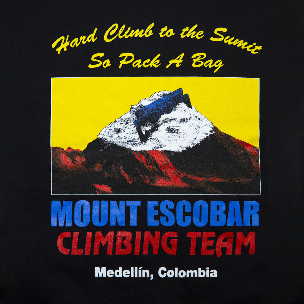 Close-up view of back graphic print of Made in Paradise World Drug Trade Collection "MOUNT ESCOBAR" black hoodie