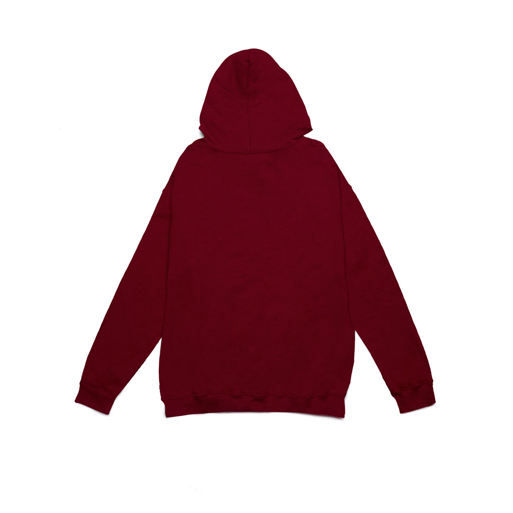Back view of Made in Paradise World Drug Trade Collection "GRAMS" burgundy hoodie