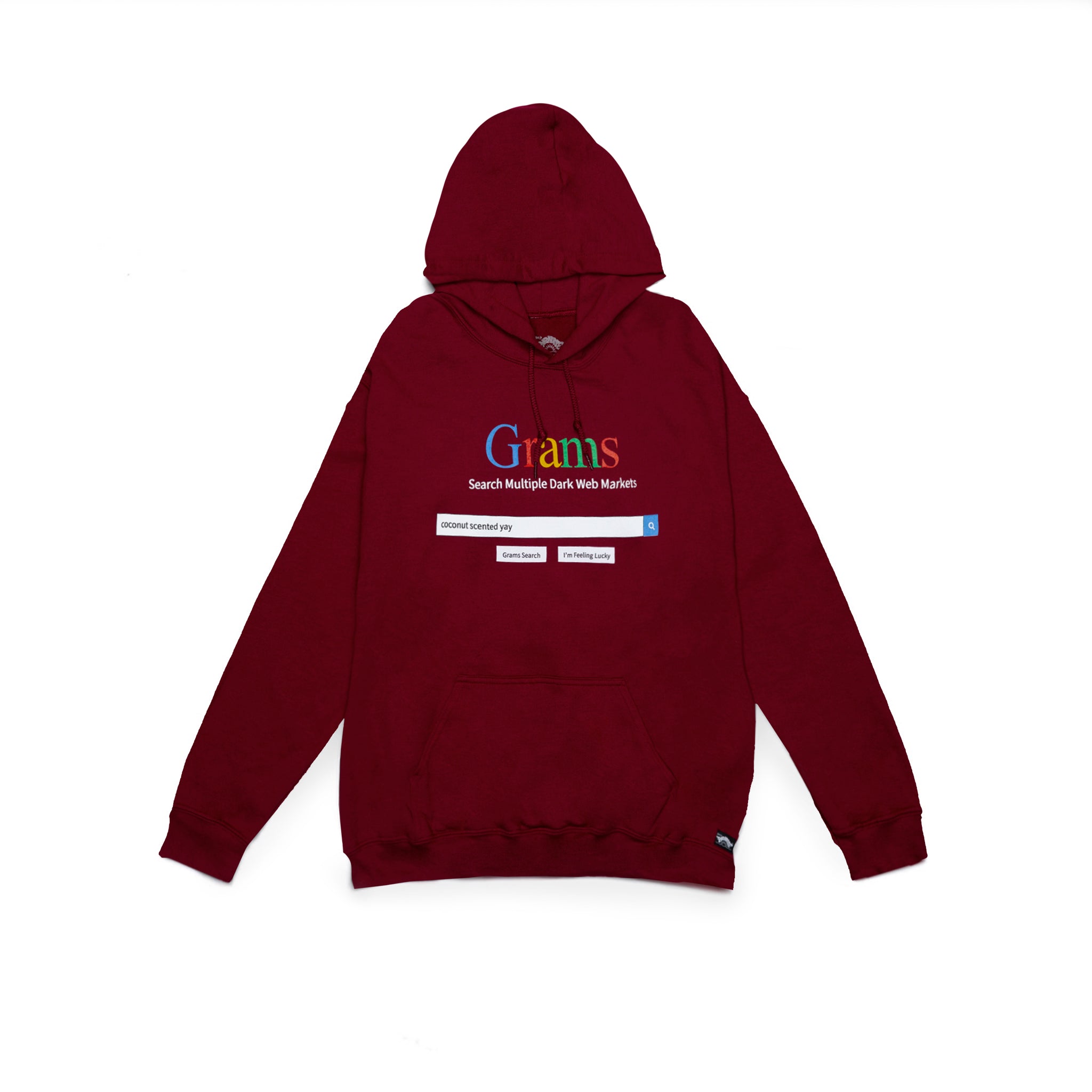 Front view of Made in Paradise World Drug Trade Collection "GRAMS" burgundy hoodie