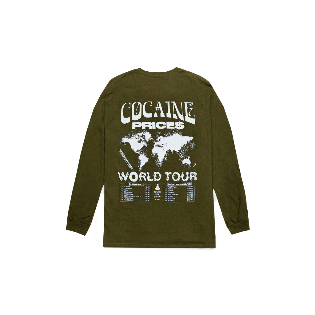 Back view of Made in Paradise World Drug Trade Collection "COCAINE PRICES" green olive long sleeve t-shirt