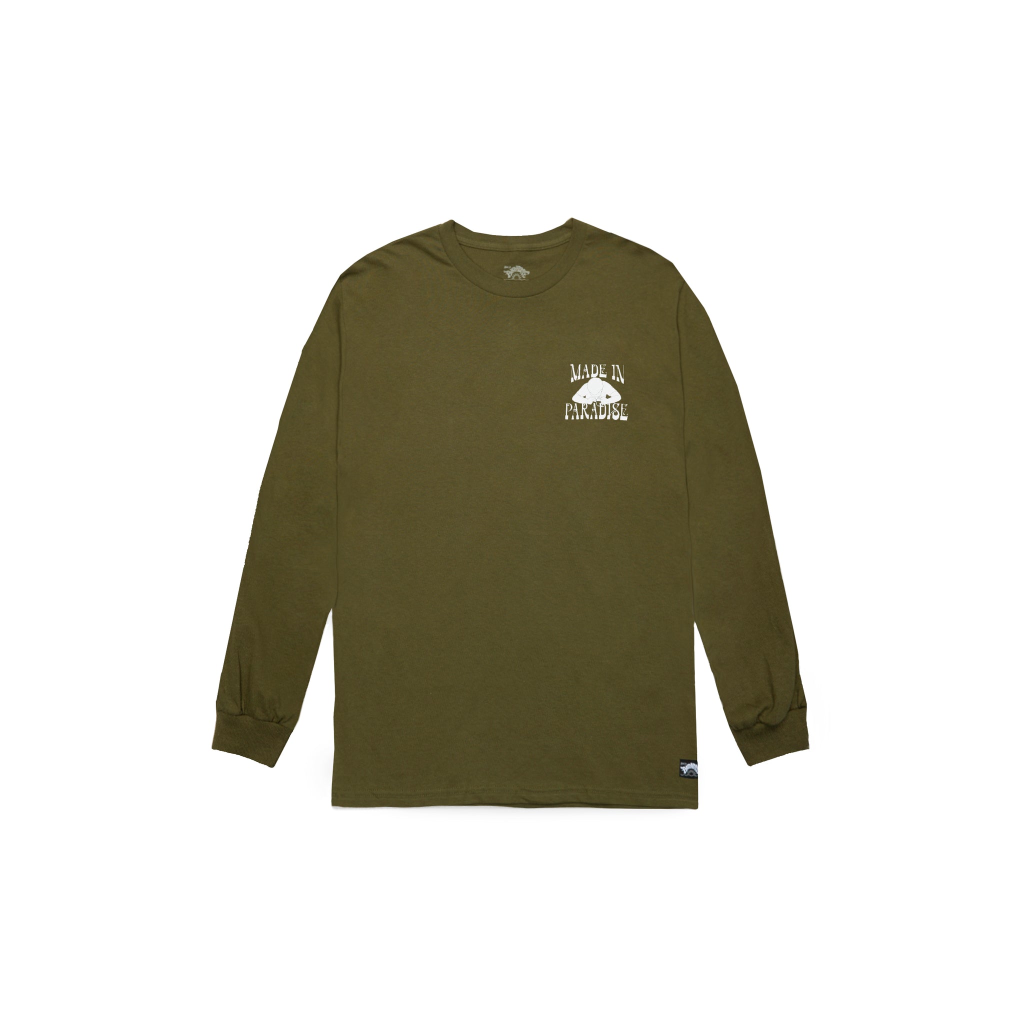 Front view of Made in Paradise World Drug Trade Collection "COCAINE PRICES" green olive long sleeve t-shirt
