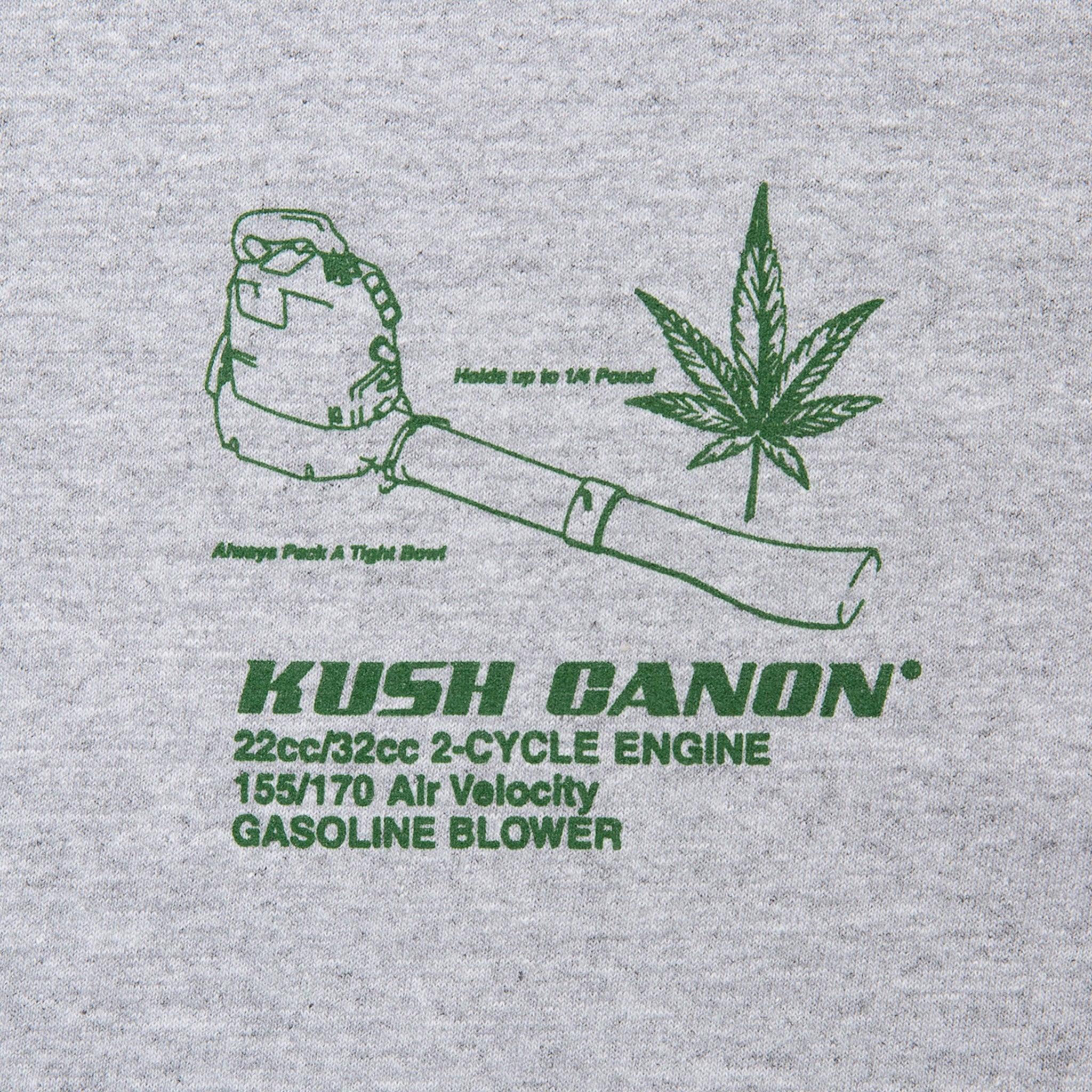 Close-up view of front graphic print of Made in Paradise World Drug Trade Collection "KUSH CANON" sport grey long sleeve t-shirt