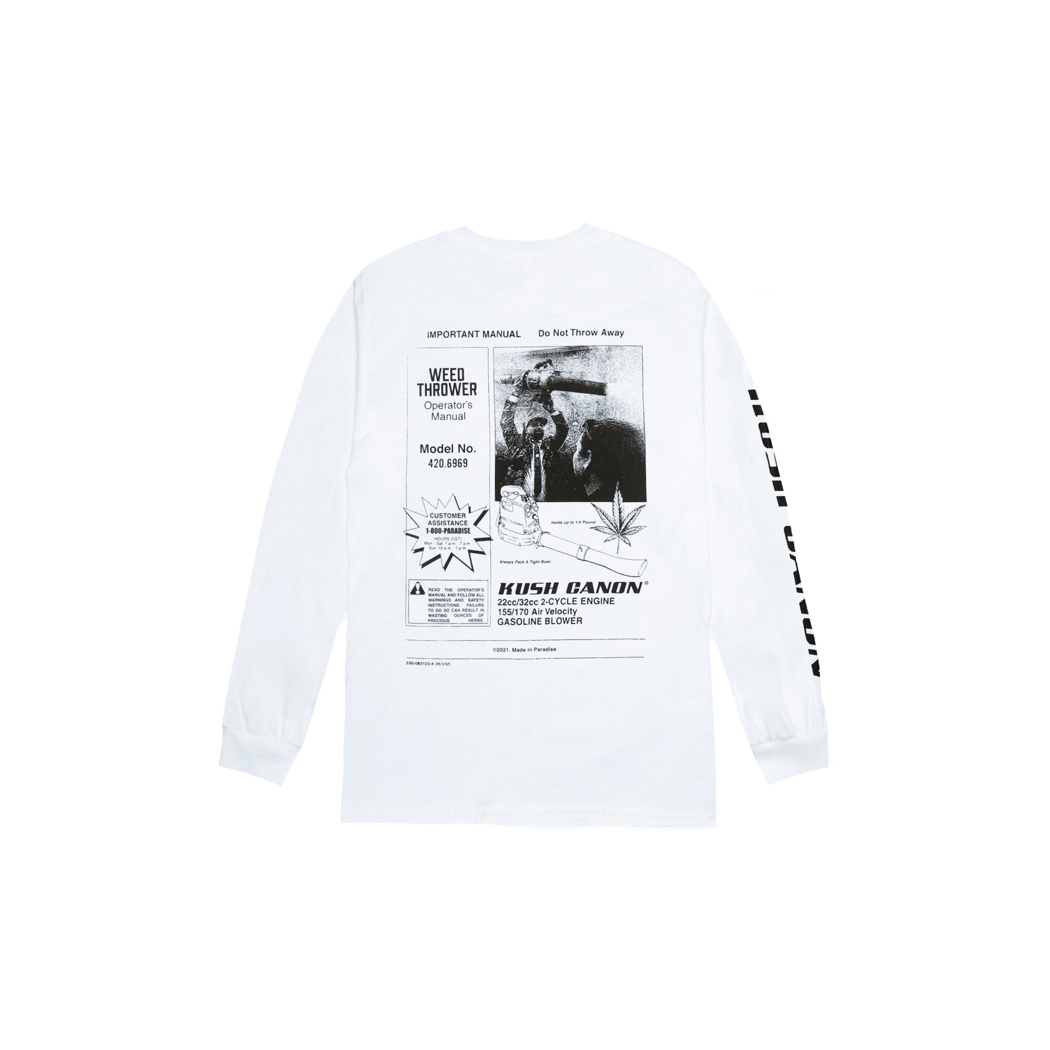 Back view of Made in Paradise World Drug Trade Collection "KUSH CANON" white long sleeve t-shirt
