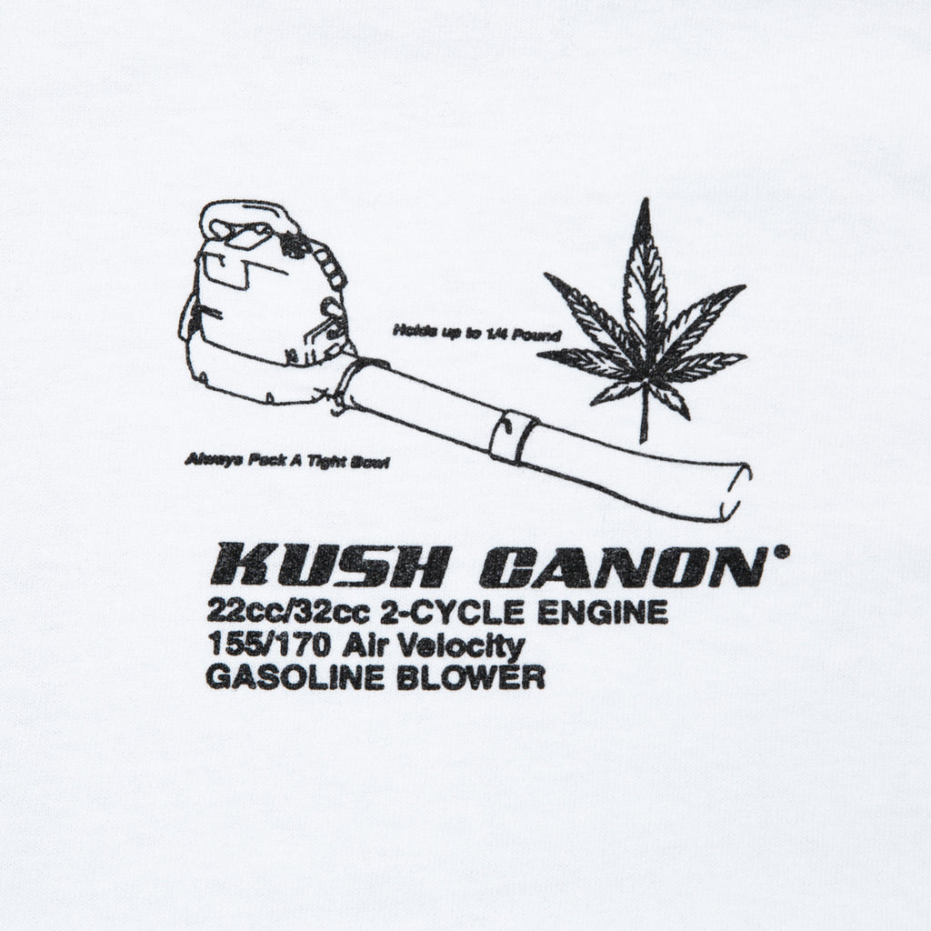 Close-up view of front graphic print of Made in Paradise World Drug Trade Collection "KUSH CANON" white long sleeve t-shirt
