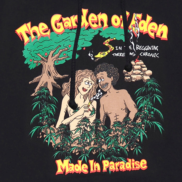 Close-up view of graphic print of Made in Paradise Homegrown Collection "GARDEN OF EDEN" black hoodie