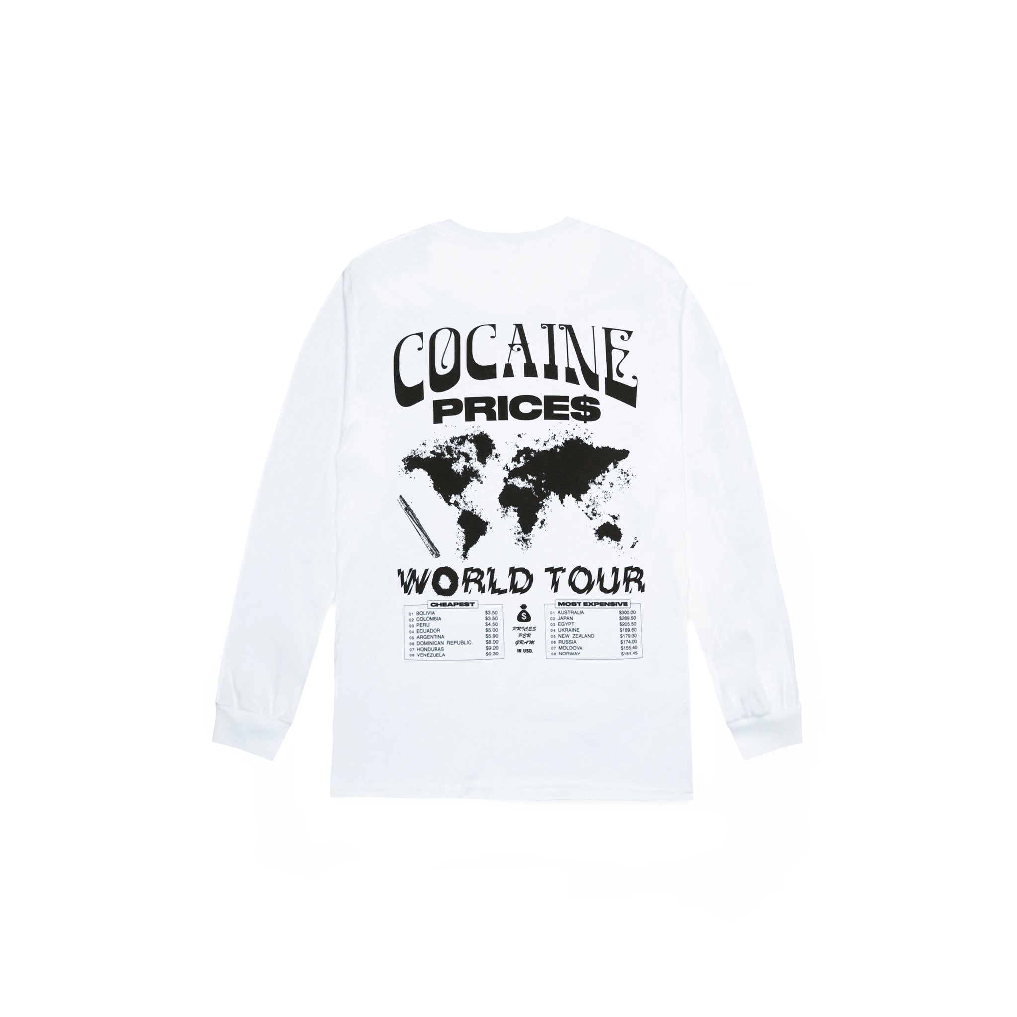 Back view of Made in Paradise World Drug Trade Collection "COCAINE PRICES" white long sleeve t-shirt