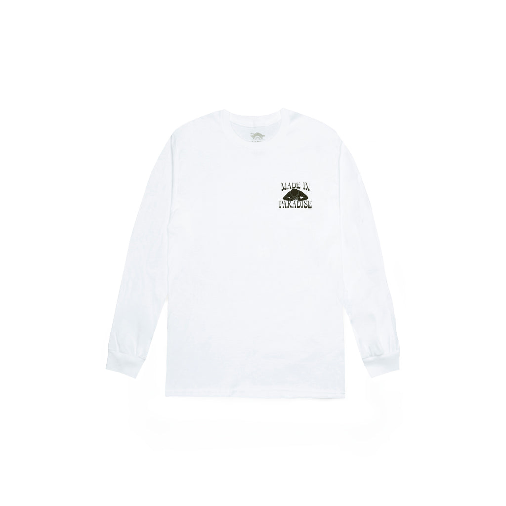 Front view of Made in Paradise World Drug Trade Collection "COCAINE PRICES" white long sleeve t-shirt