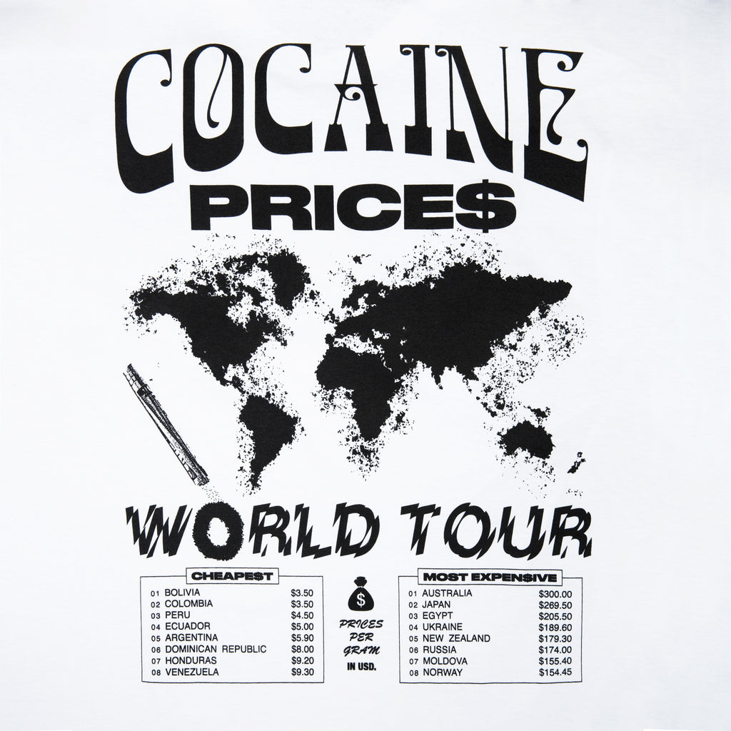 Close-up view of back graphic print of Made in Paradise World Drug Trade "COCAINE PRICES" white long sleeve t-shirt