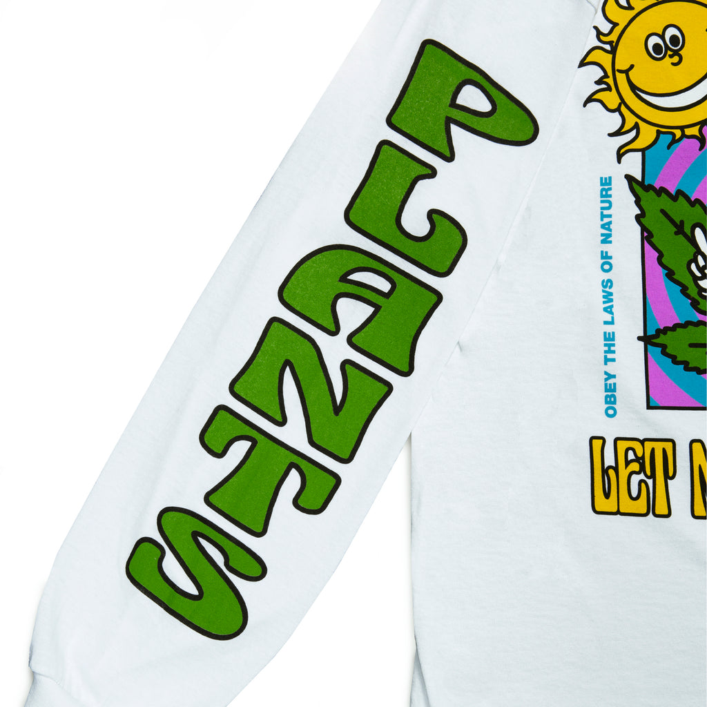 Close-up view of left sleeve graphic print of Made in Paradise World Drug Trade Collection "PLANT LIFE" white long sleeve t-shirt