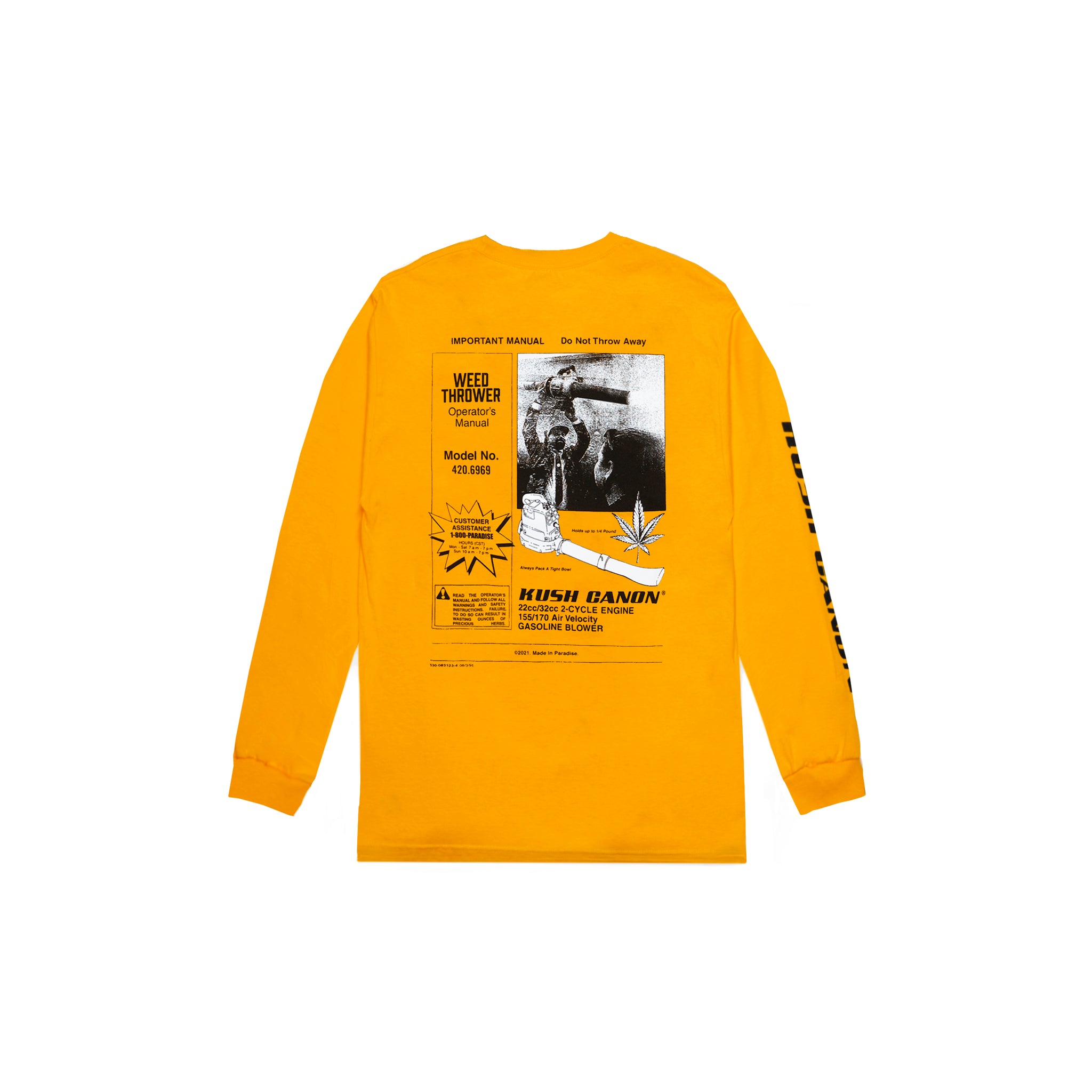 Back view of Made in Paradise World Drug Trade Collection "KUSH CANON" yellow long sleeve t-shirt