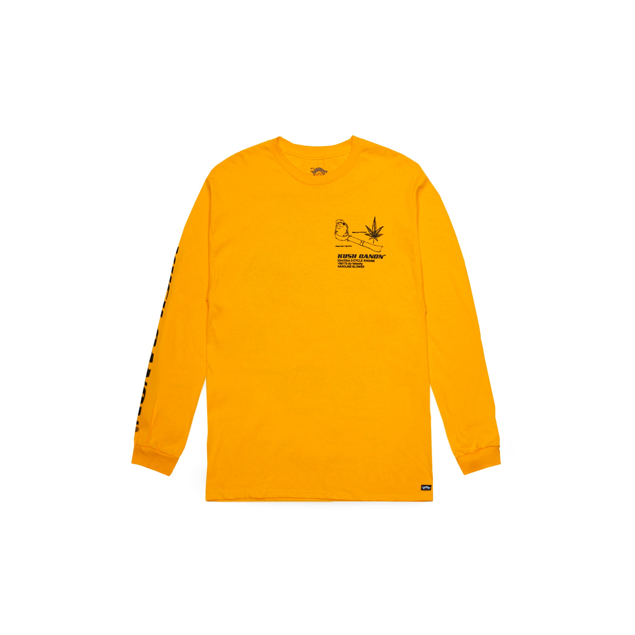 Front view of Made in Paradise World Drug Trade Collection "KUSH CANON" yellow long sleeve t-shirt