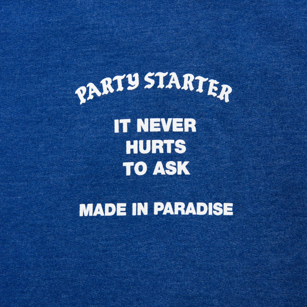 Close-up view of front graphic print of Made in Paradise World Drug Trade Collection "PARTY STARTER" blue crewneck