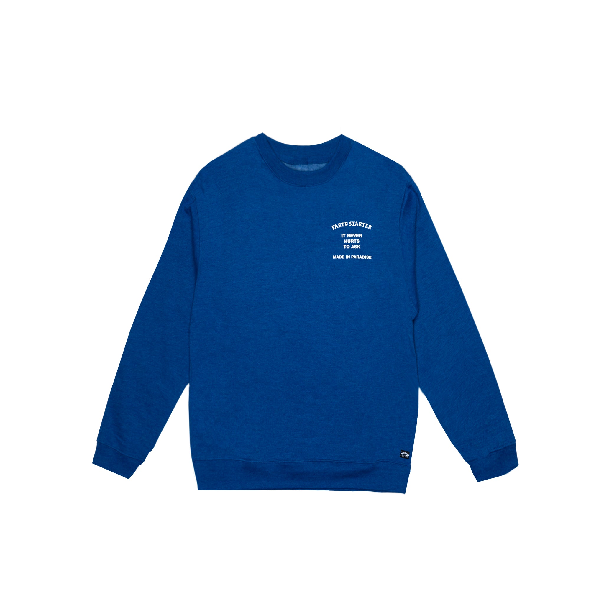 Front view of Made in Paradise World Drug Trade Collection "PARTY STARTER" blue crewneck