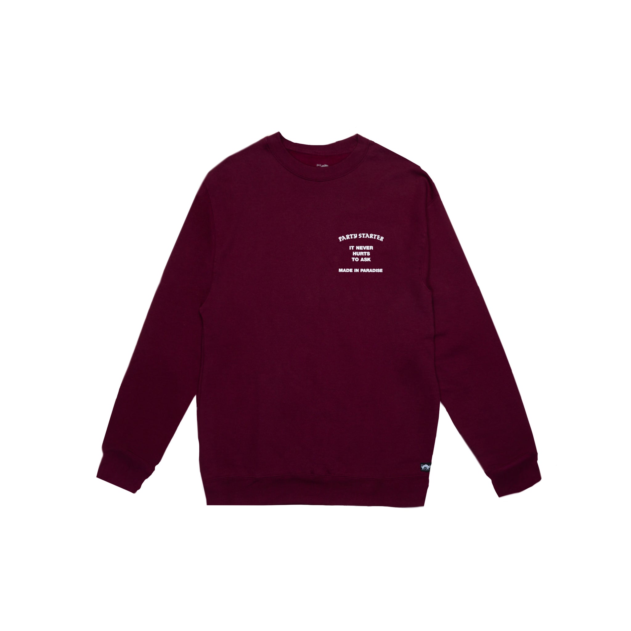 Front view of Made in Paradise World Drug Trade Collection "PARTY STARTER" burgundy crewneck