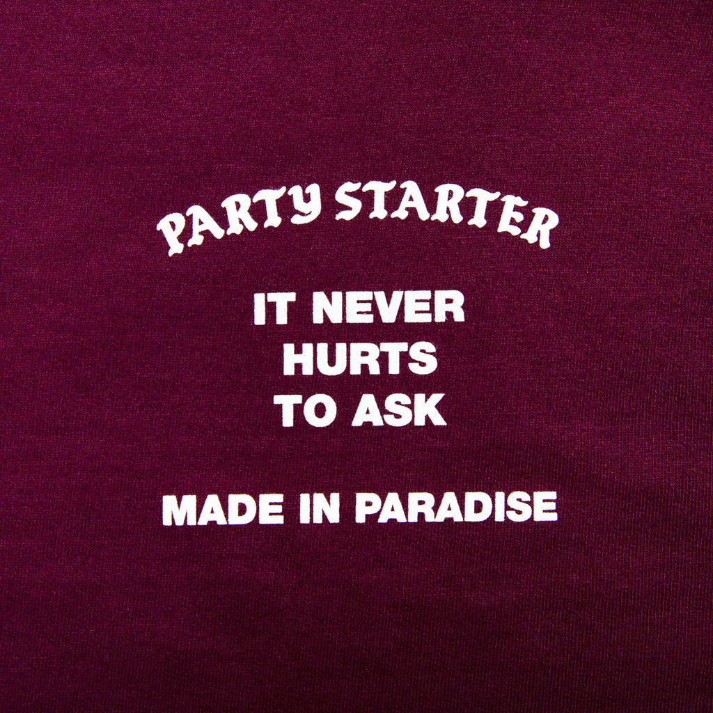 Close-up view of front graphic print of Made in Paradise World Drug Trade Collection "PARTY STARTER" burgundy crewneck