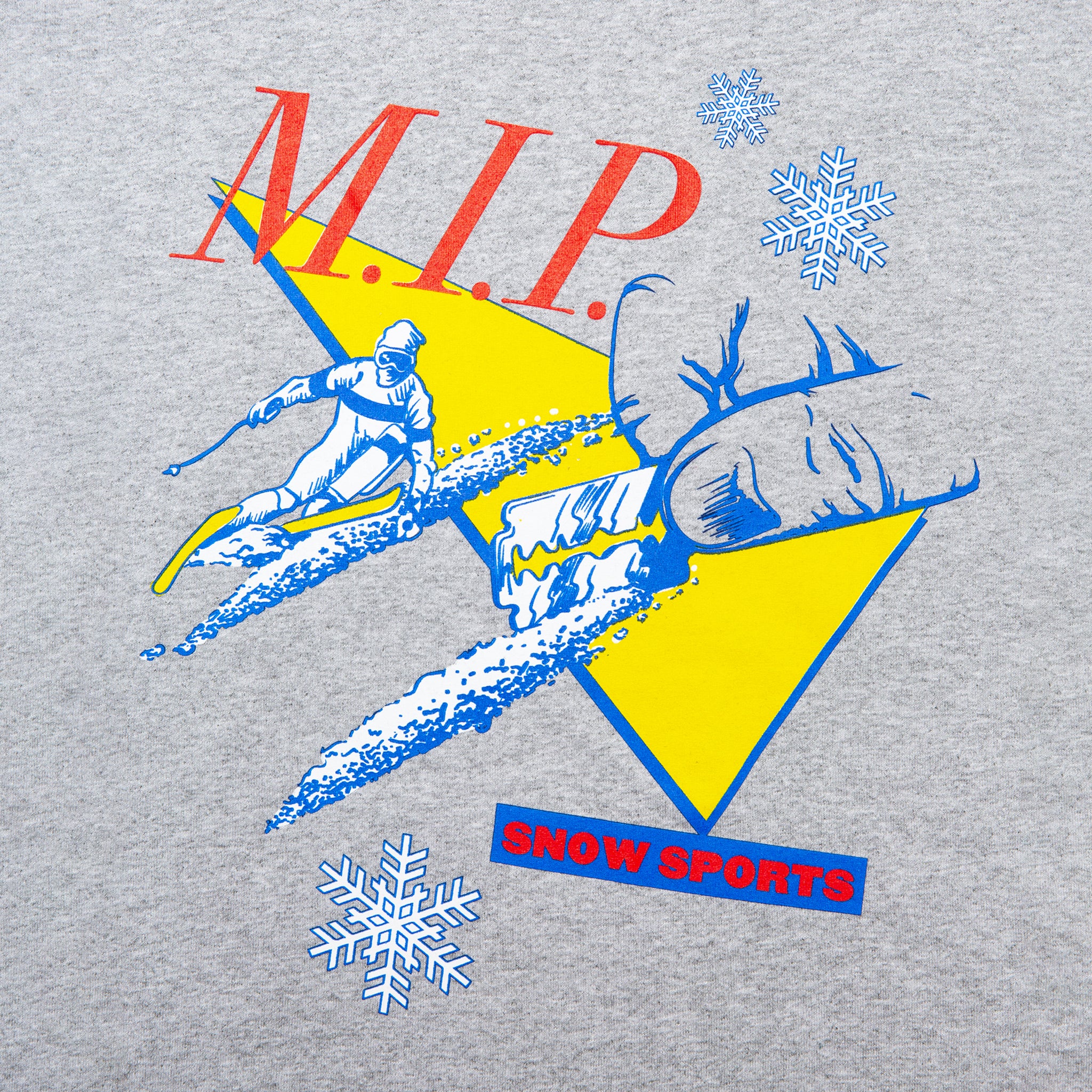 Close-up view of front graphic print of Made in Paradise World Drug Trade Collection "SNOW SPORT" sport grey crewneck