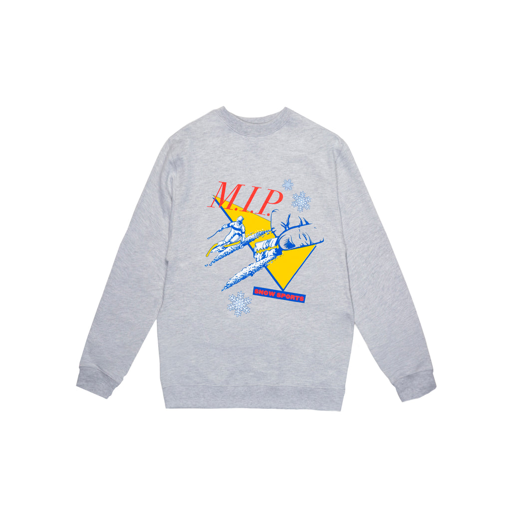 Front view of Made in Paradise World Drug Trade Collection "SNOW SPORT" sport grey crewneck