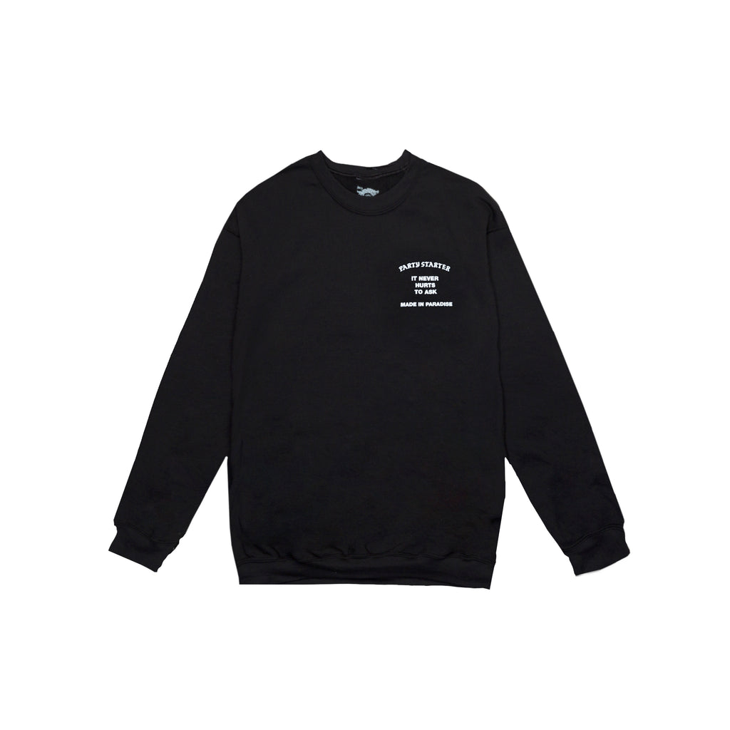 Front view of Made in Paradise World Drug Trade Collection "PARTY STARTER" black crewneck
