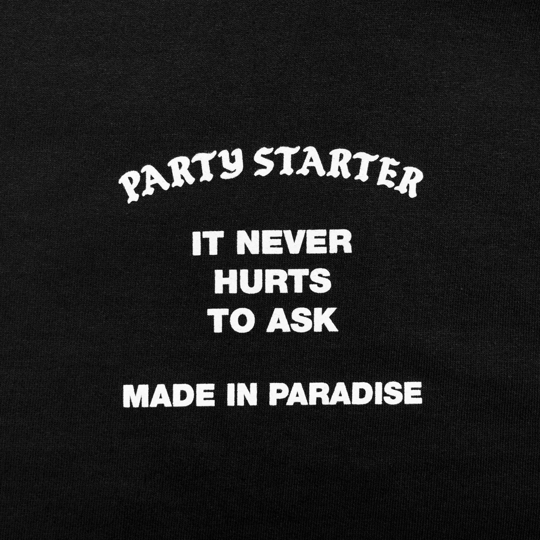 Close-up view of front graphic print of Made in Paradise World Drug Trade Collection "PARTY STARTER" black crewneck