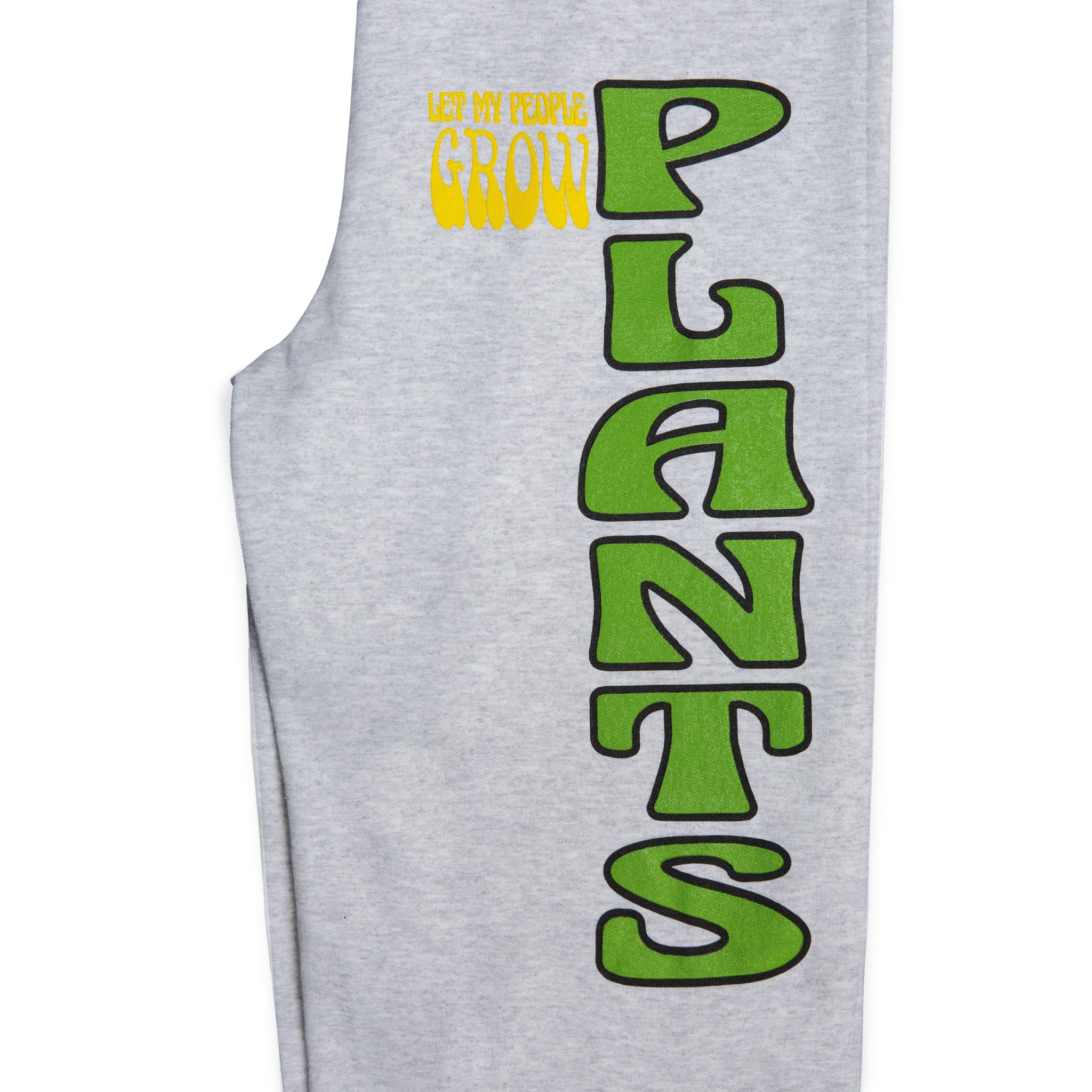 Close-up view of left leg graphic print Made in Paradise World Drug Trade Collection "PLANT LIFE" sport grey sweatpants