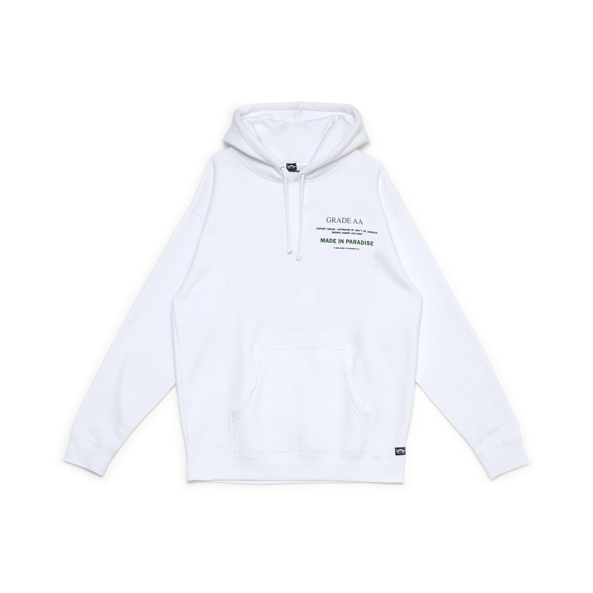Front view of Made in Paradise Homegrown Collection "EXPORT STANDARD" white hoodie