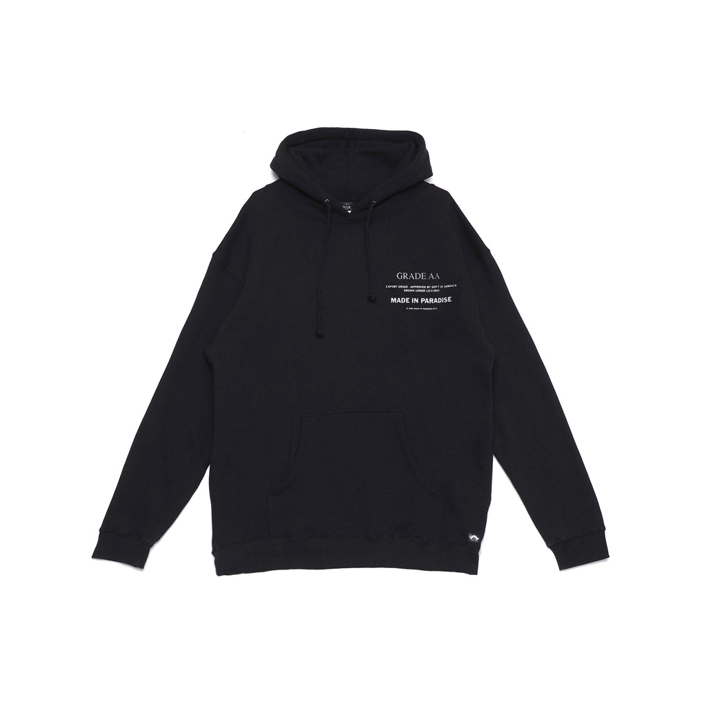 Front view of Made in Paradise Homegrown Collection "EXPORT STANDARD" black hoodie