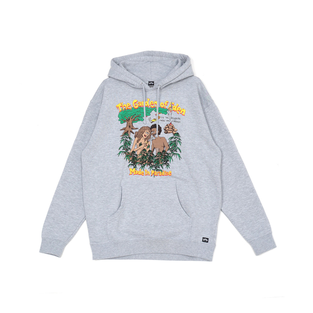 Front view of Made in Paradise Homegrown Collection "GARDEN OF EDEN" sport grey hoodie