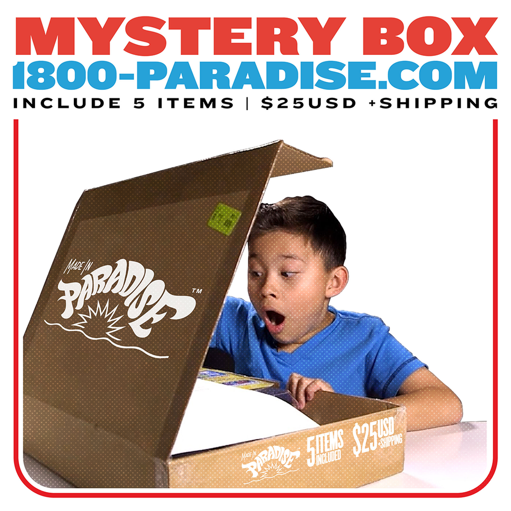 Surprised customer opening Made in Paradise MYSTERY BOX containing random items
