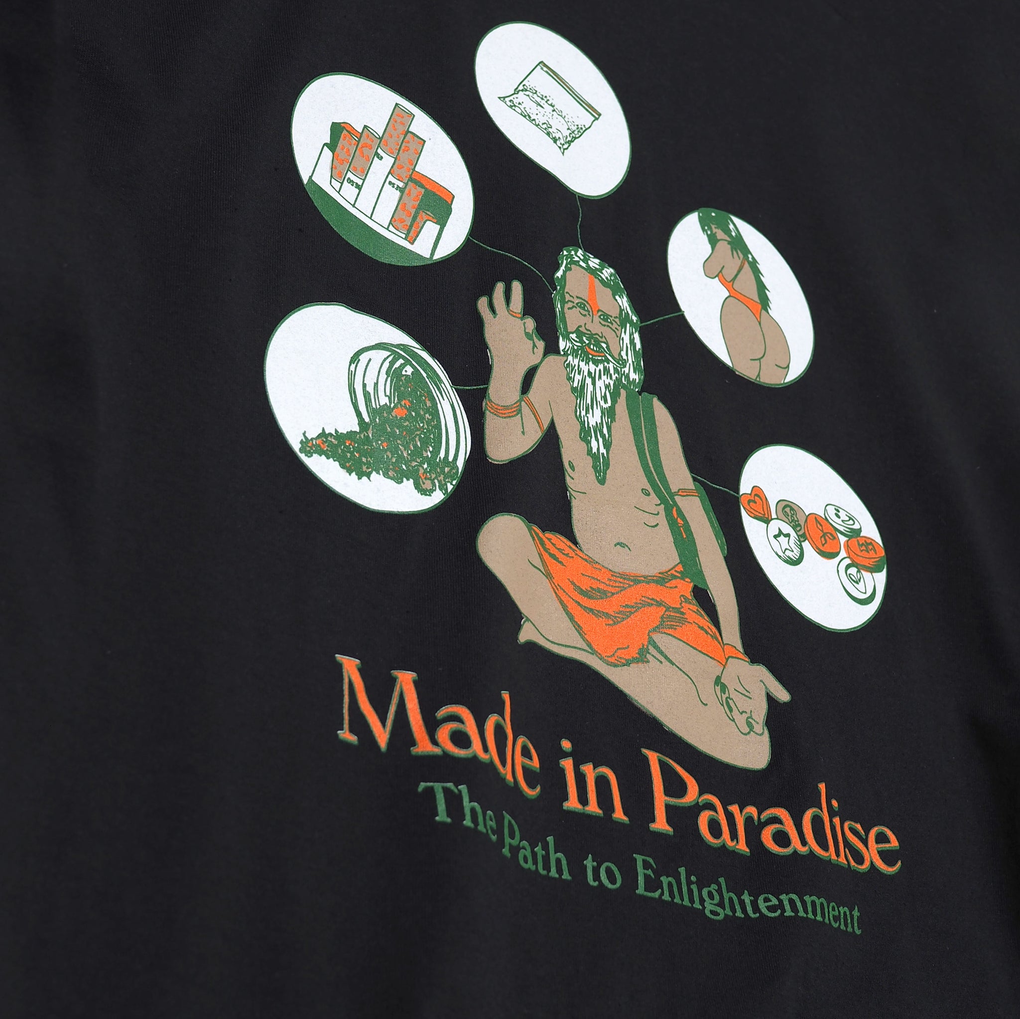 Close-up view of back graphic print of Made in Paradise Homegrown Collection "PATH TO ENLIGHTENMENT" black hoodie