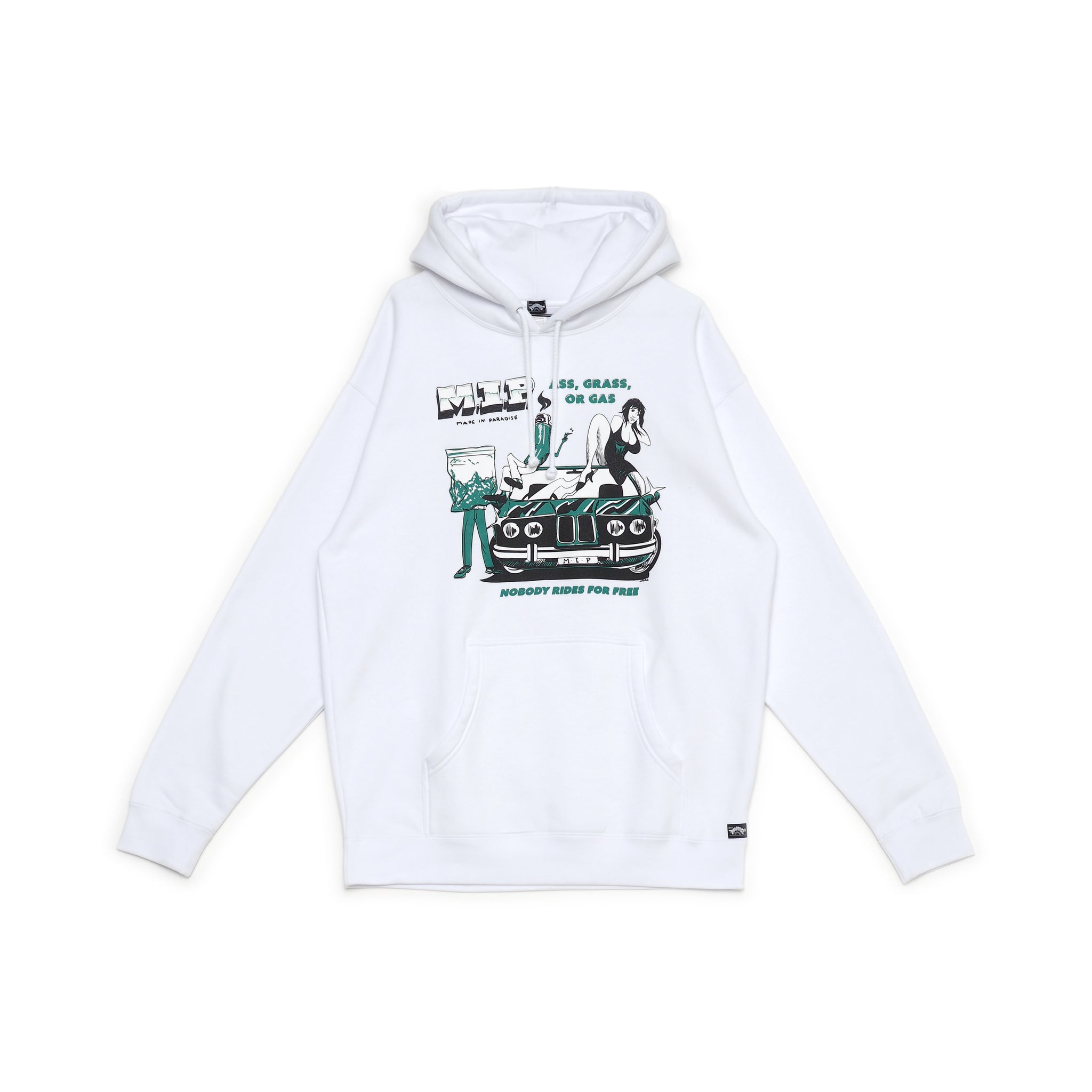 Front view of Made in Paradise Homegrown Collection "NOBODY RIDES FOR FREE" white hoodie