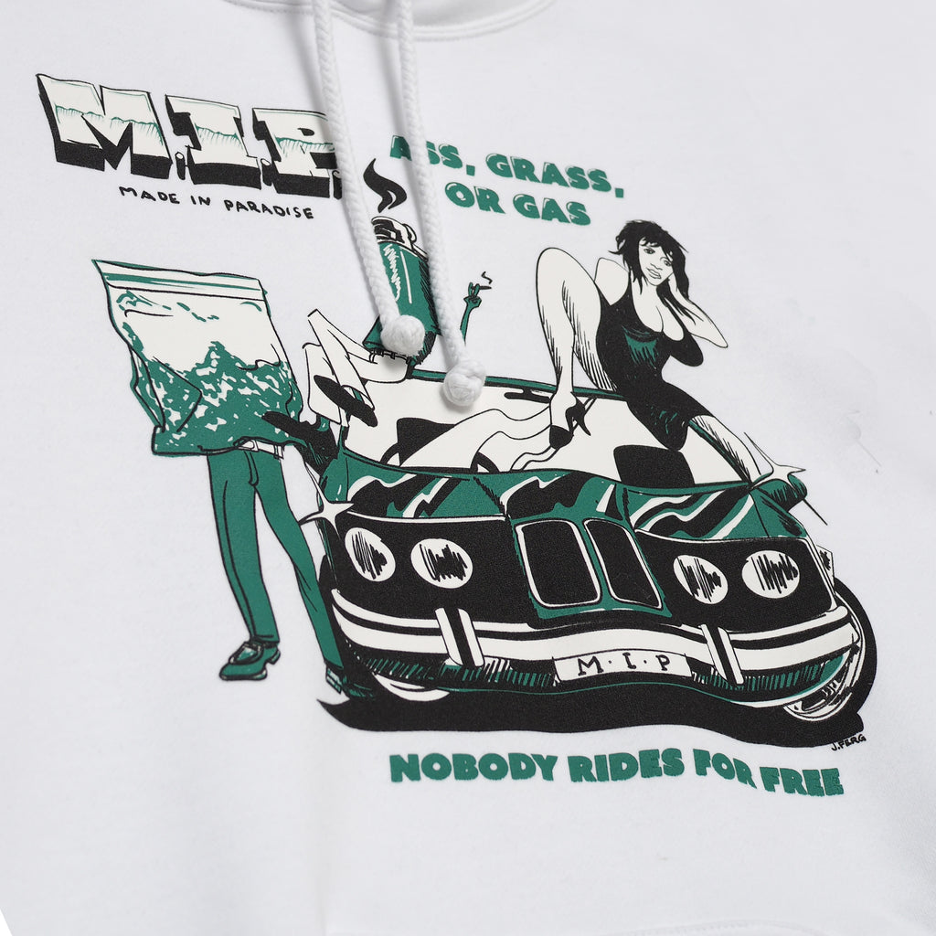 Close-up view of graphic print of Made in Paradise Homegrown Collection "NOBODY RIDES FOR FREE" white hoodie