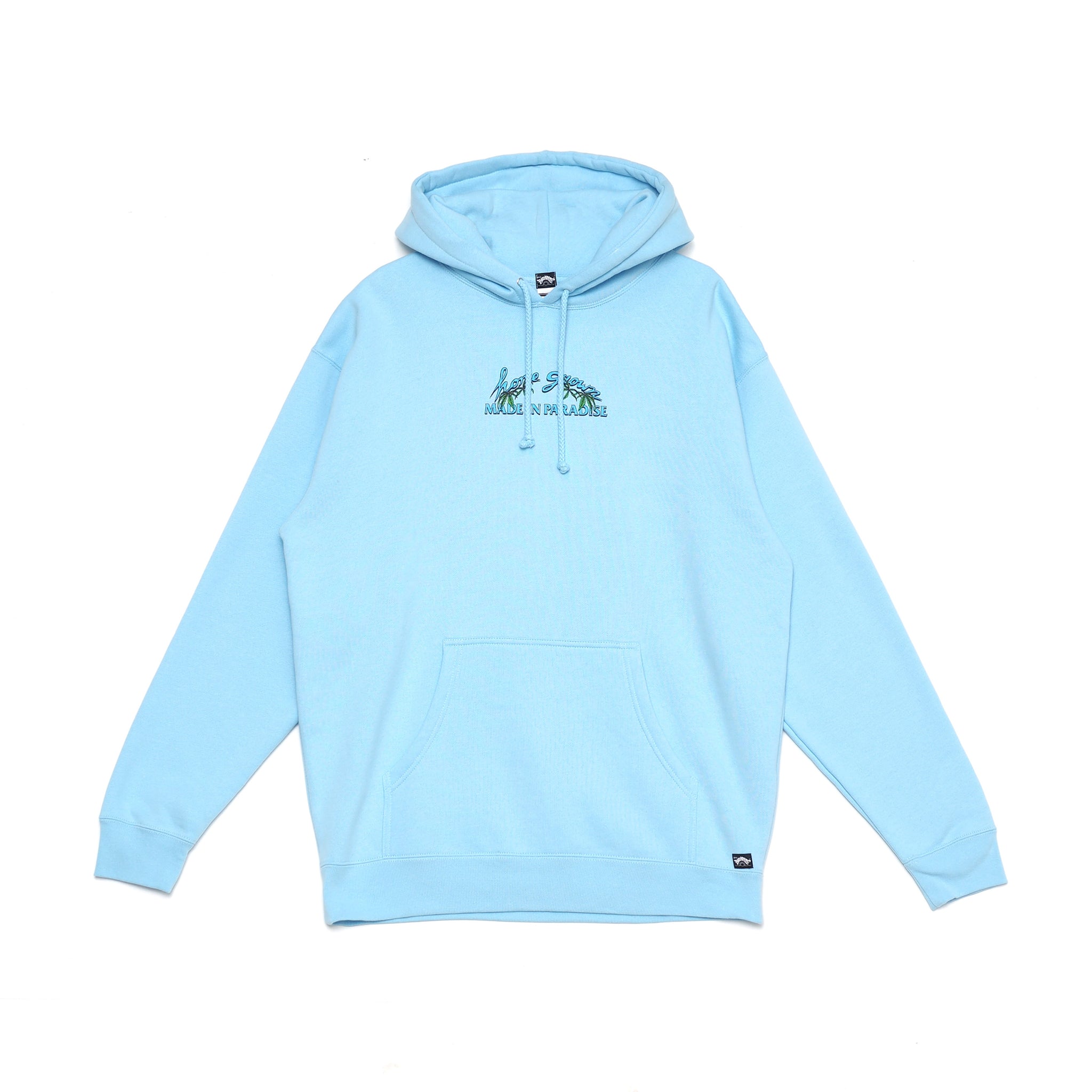 Front view of Made in Paradise Homegrown Collection "HOME GROWN" light blue hoodie