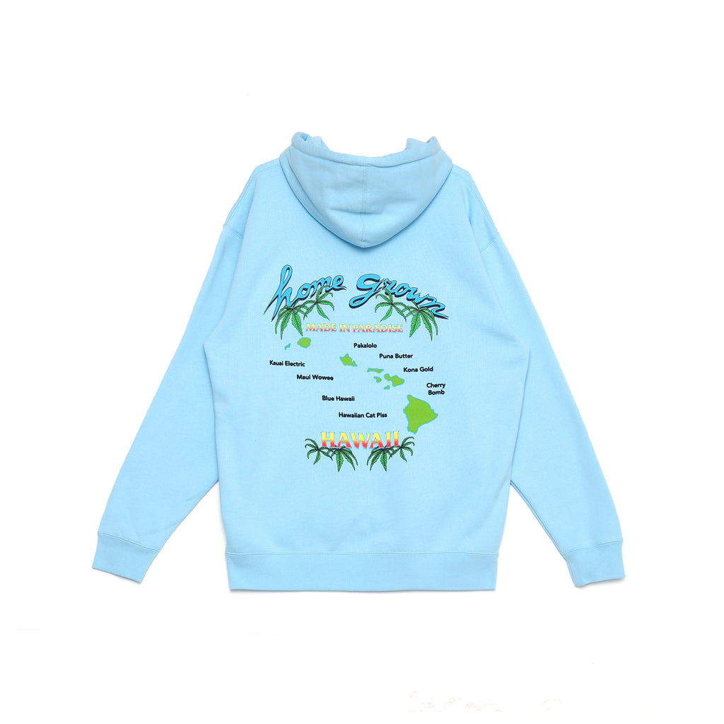 Back view of Made in Paradise Homegrown Collection "HOME GROWN" light blue hoodie