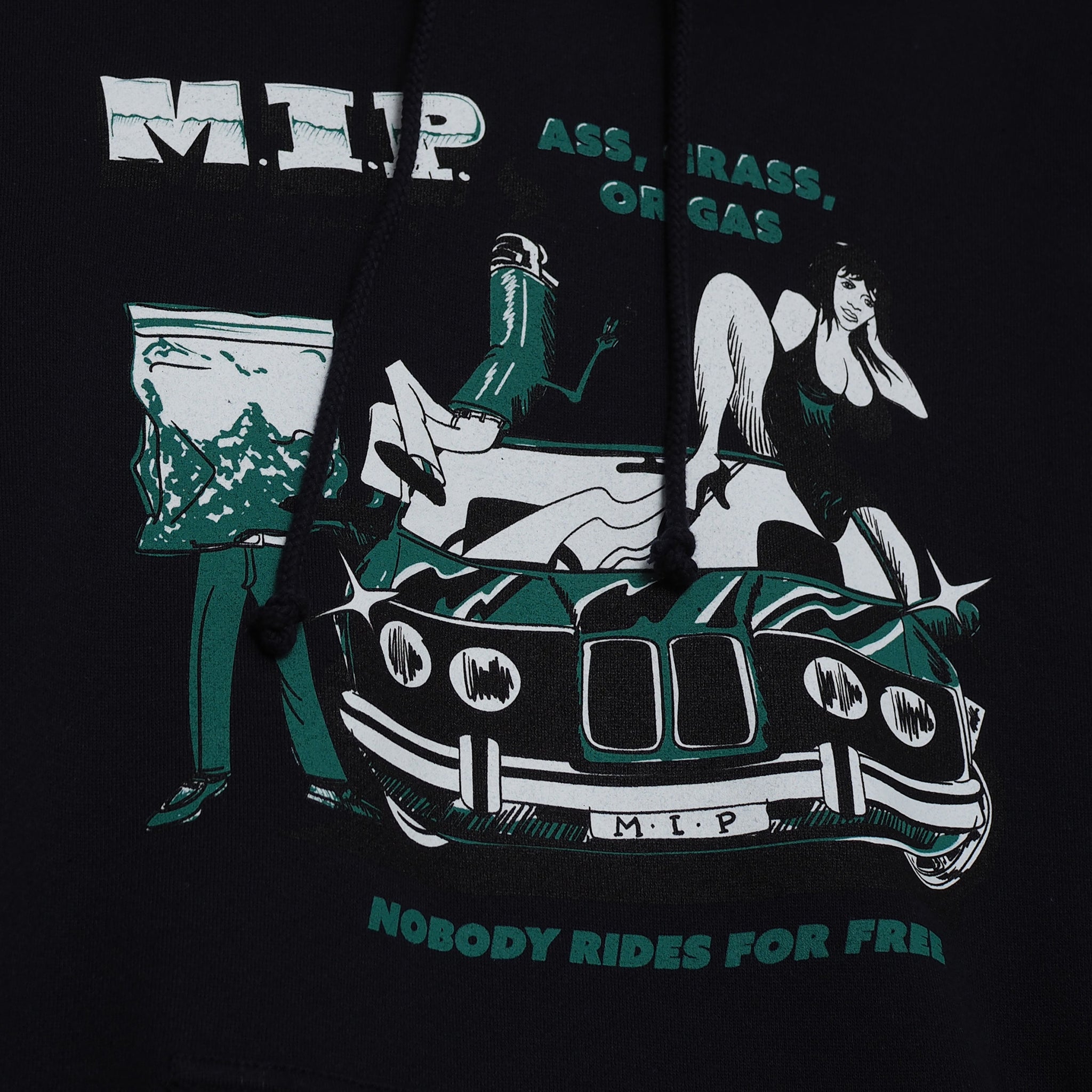 Close-up view of graphic print of Made in Paradise Homegrown Collection "NOBODY RIDES FOR FREE" navy hoodie