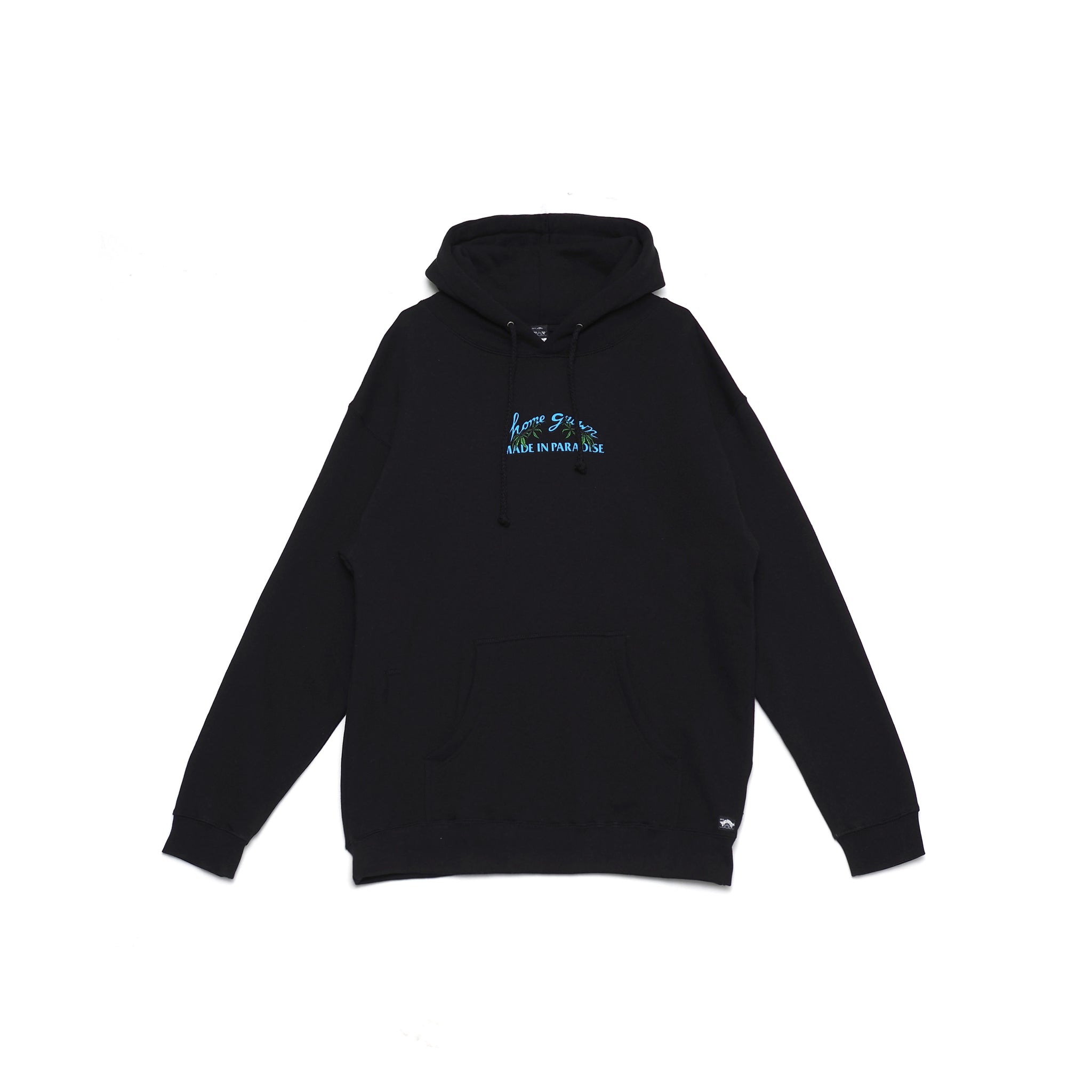 Front view of Made in Paradise Homegrown Collection "HOME GROWN" black hoodie