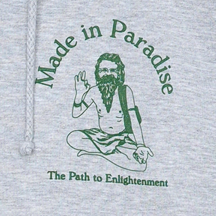 Close-up view of front graphic print of Made in Paradise Homegrown Collection "PATH TO ENLIGHTENMENT" sport grey hoodie