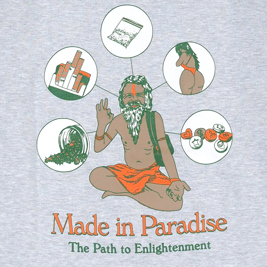 Close-up view of back graphic print of Made in Paradise Homegrown Collection "PATH TO ENLIGHTENMENT" sport grey hoodie