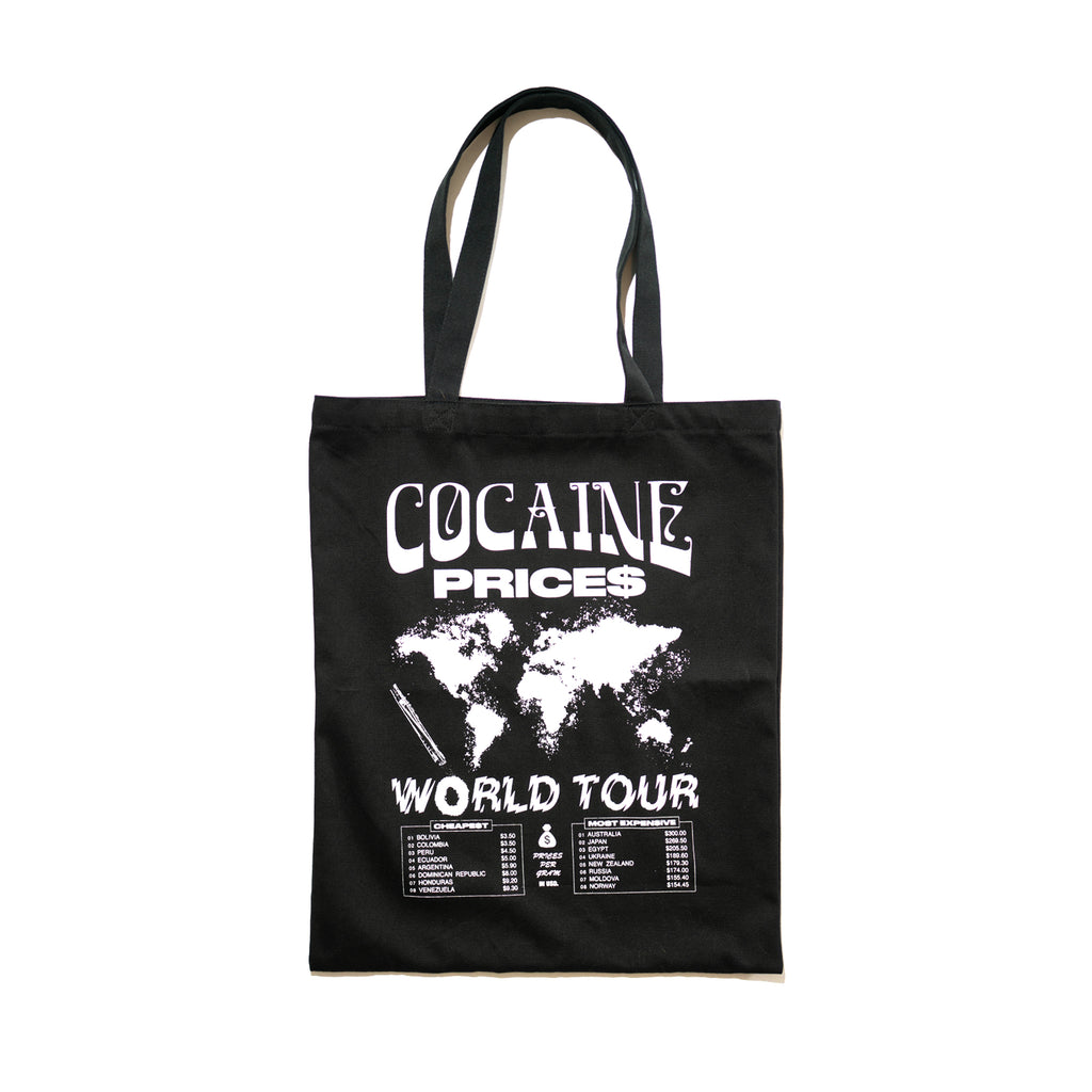 Front view of Made in Paradise World Drug Trade Collection "COCAINE PRICES" black tote bag