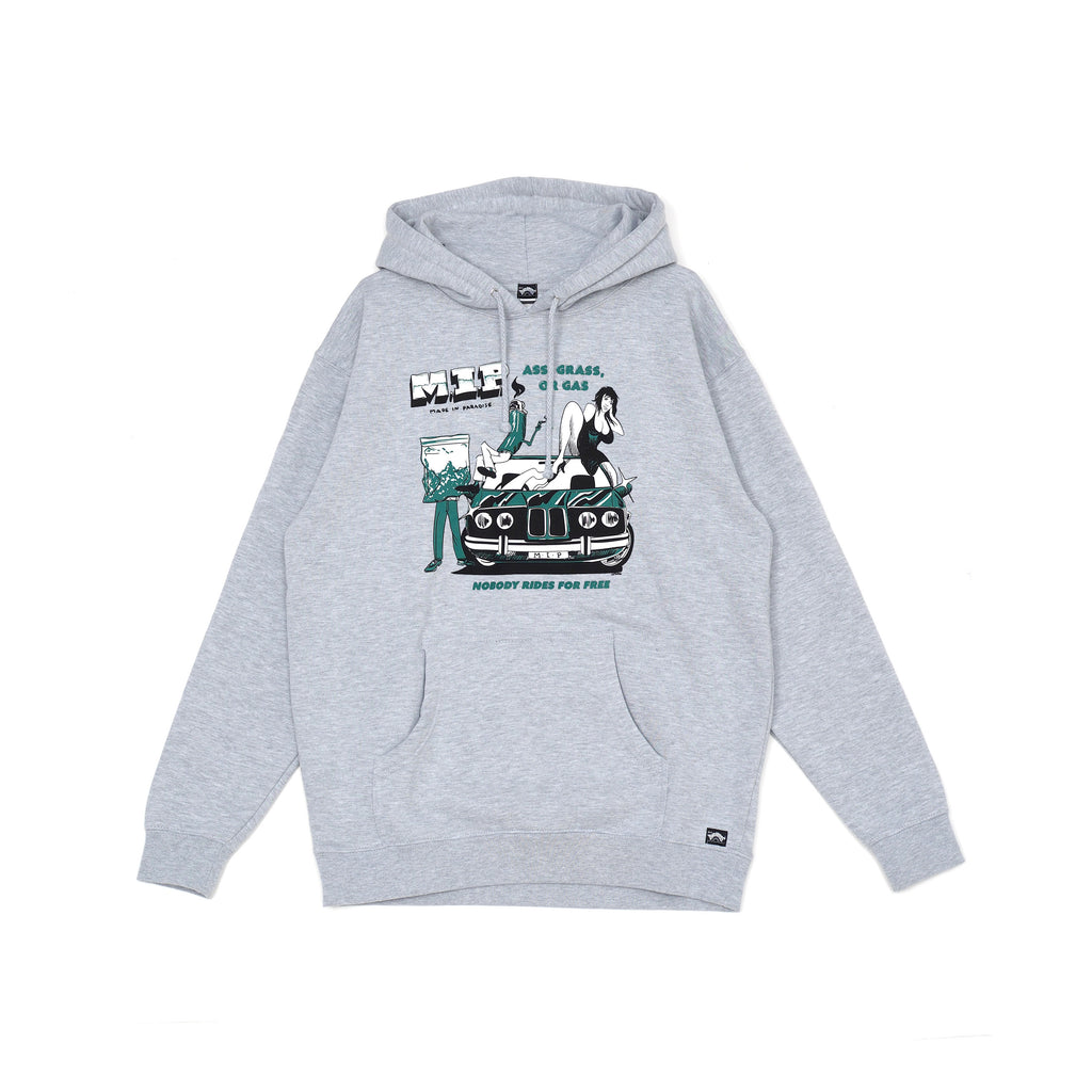 Front view of Made in Paradise Homegrown Collection "NOBODY RIDES FOR FREE" sport grey hoodie