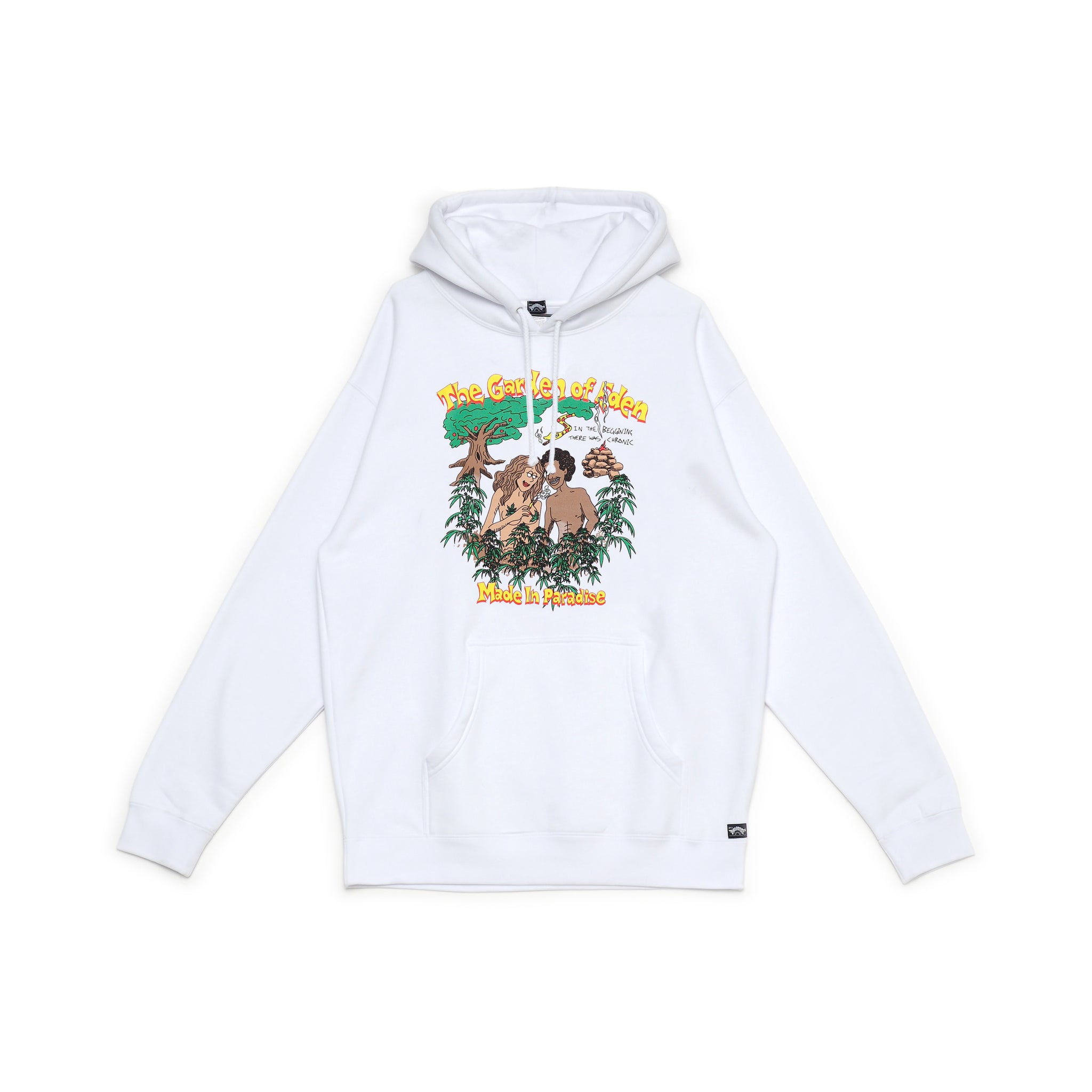 Front view of Made in Paradise Homegrown Collection "GARDEN OF EDEN" white hoodie